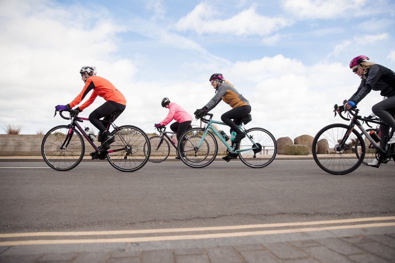 A group of road cyclists riding together