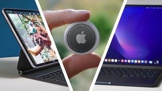 An iPad Pro next to a hand holding an Apple AirTag and a MacBook Pro on a table