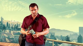 GTAV Michael holding money with Vinewood panoramic background