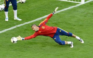 Víctor Valdés in training ahead of Spain's group game against Italy at Euro 2012 in June 2012.