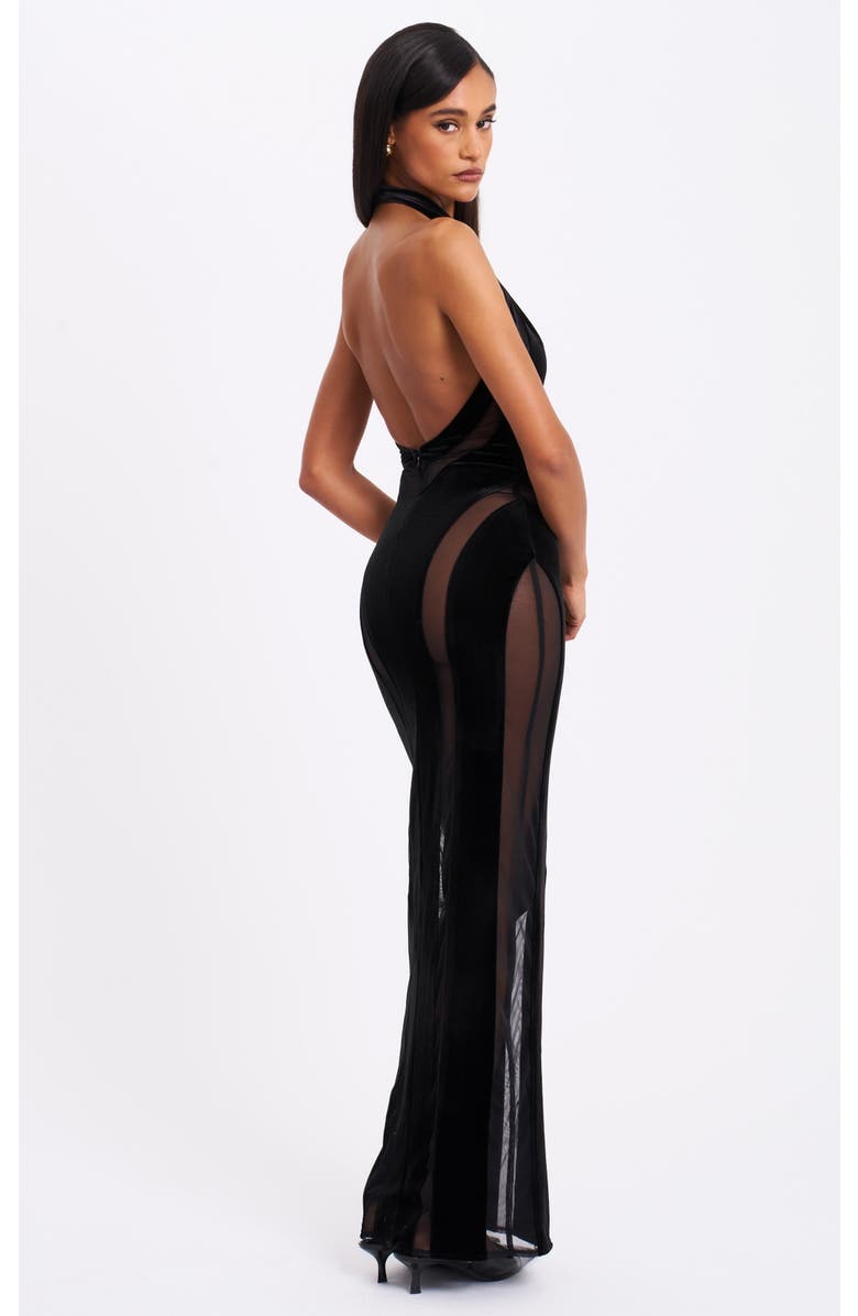 Paityn Velvet Mesh Cutout Halter Gown