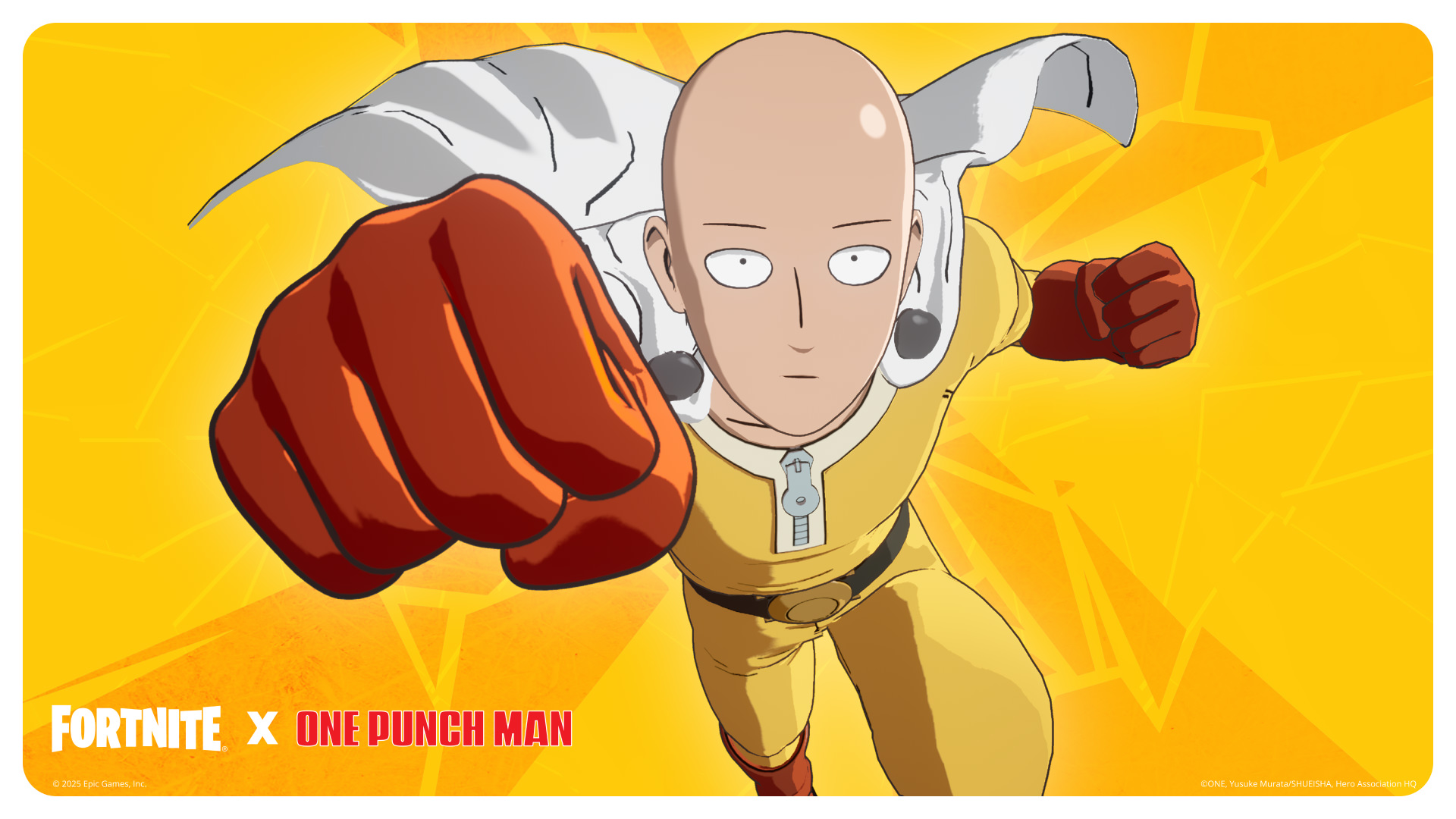 Saitama poses against a yellow background