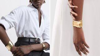 models wearing yellow gold curved cuffs