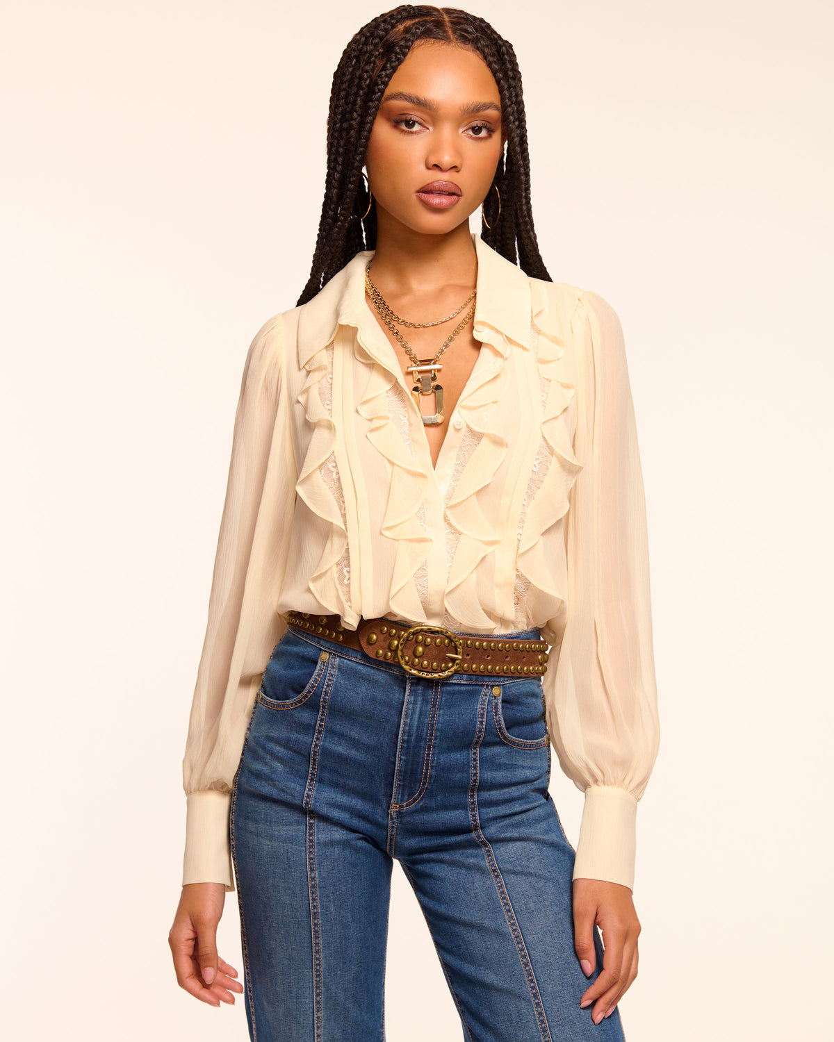 Claire Silk Chiffon Ruffle Button Down Blouse