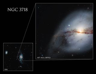 A Hubble Space Telescope image of galaxy NGC 3718 (inset) compared with a Sloan Digital Sky Survey image of the region surrounding it (left).