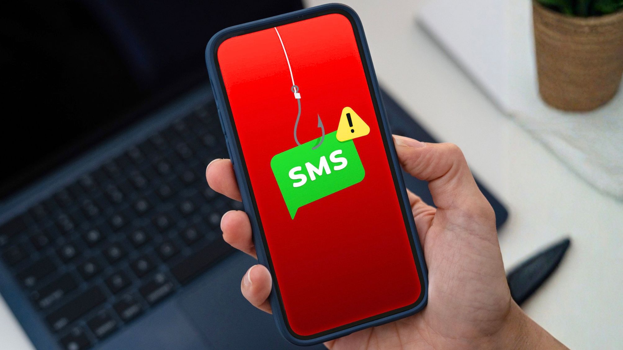 Someone holding a smartphone with an SMS message on the screen. 