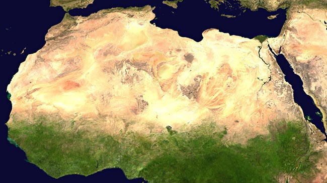 The Sahara Desert extends eastward from the Atlantic Ocean some 3,000 miles to the Nile River and the Red Sea, and southward from the Atlas Mountains of Morocco and the Mediterranean shores more than 1,000 miles to the savannah called the Sahel.