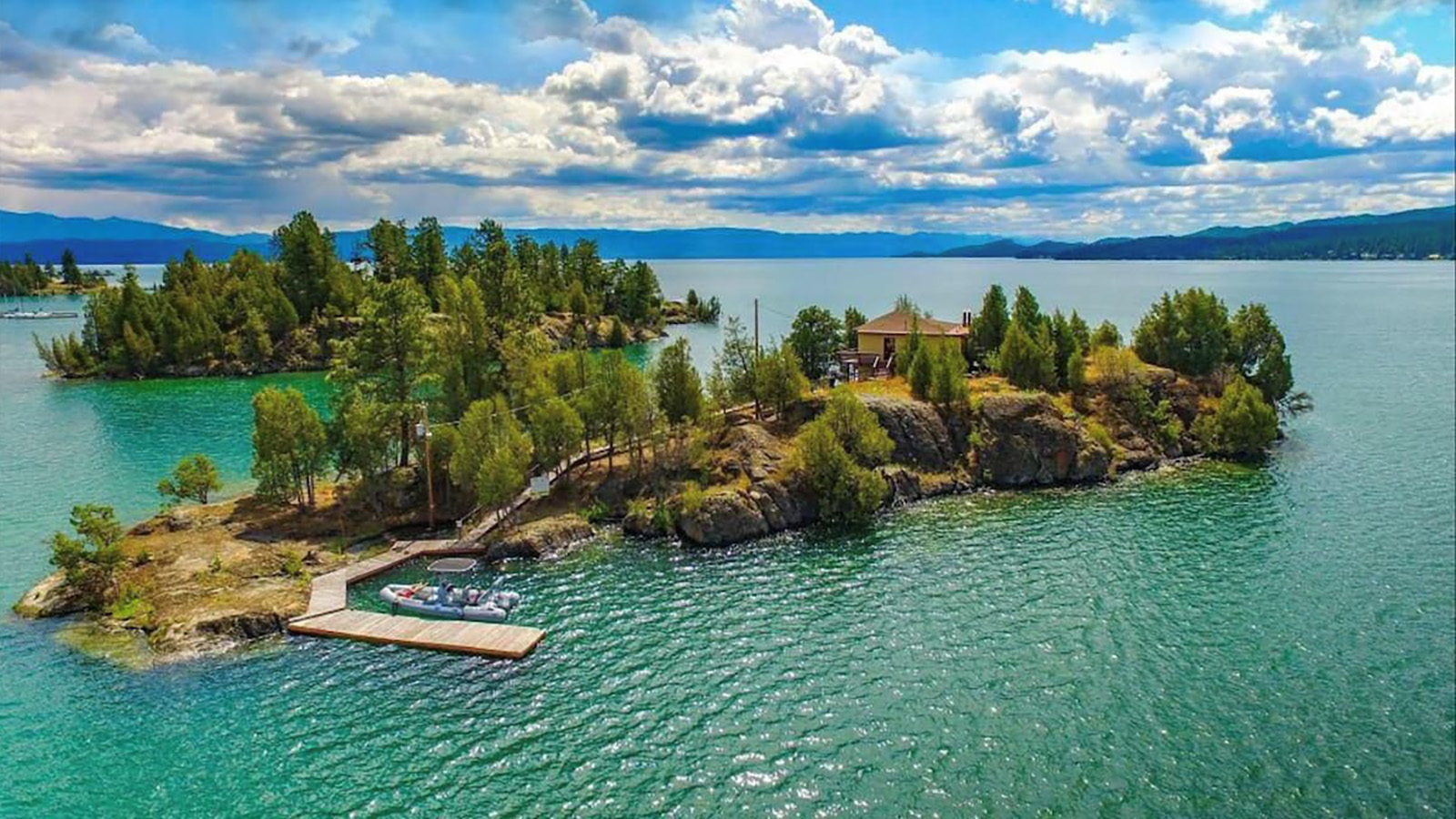 An aerial view of Emerland Island, a private island on airbnb