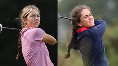 Side-by-side images of Asterisk Talley and Andrea Revuelta taking tee shots