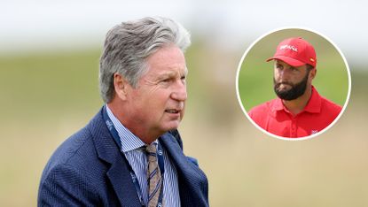 Main image of Brandel Chamblee at the 152nd Open Championship and inset photo of Jon Rahm in Spain apparel at the2024 Olympics