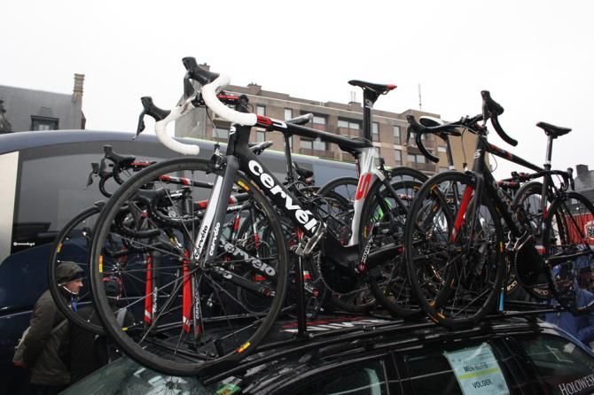 Garmin-Sharp's spare Cervelo race bikes before the start