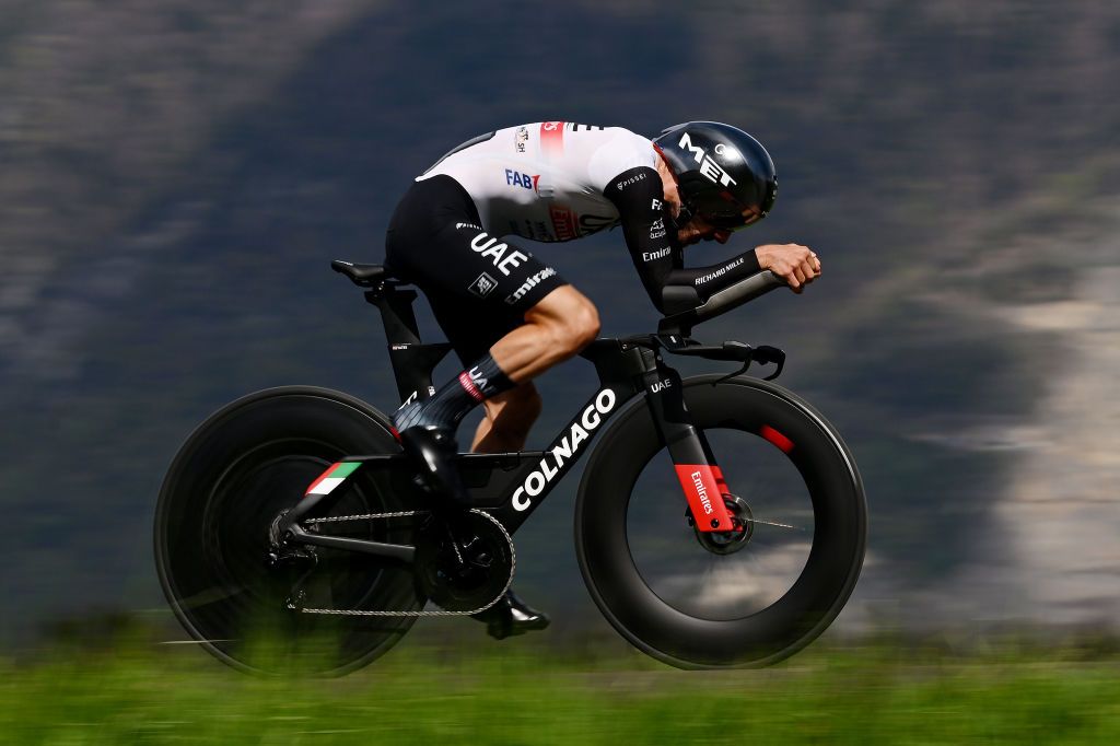 PORTVALAIS SWITZERLAND APRIL 25 Adam Yates of United Kingdom and UAE Team Emirates sprints during the 76th Tour De Romandie 2023 Prologue a 682km stage from PortValais to PortValais UCIWT on April 25 2023 in PortValais Switzerland Photo by Dario BelingheriGetty Images
