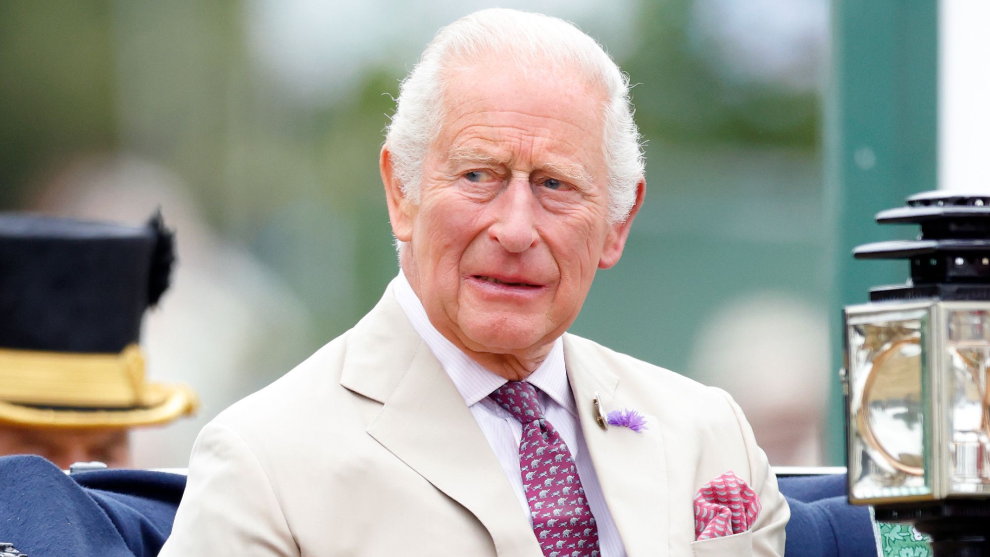 King Charles arrives, in a horse-drawn carriage, for a visit to the first RHS Sandringham Flower Show taking place on the Sandringham Estate on July 22, 2026
