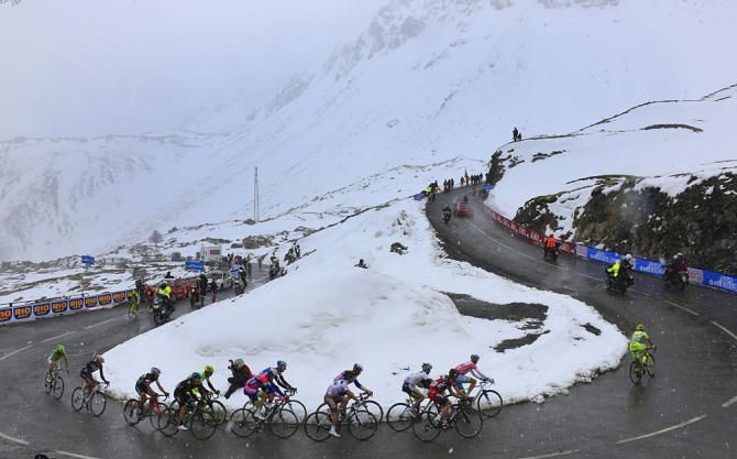 Vincenzo Nibali (Astana) and others round a bend on the climb.
