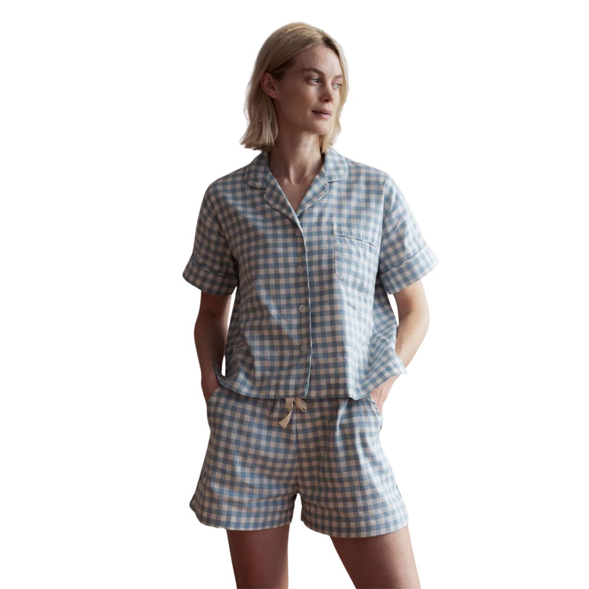 Warm Blue Gingham Linen Blend Pyjama Short Set