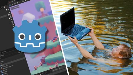 The Godot logo over a screenshot of the Godot IDE; a man struggling to keep a laptop above water while swimming.
