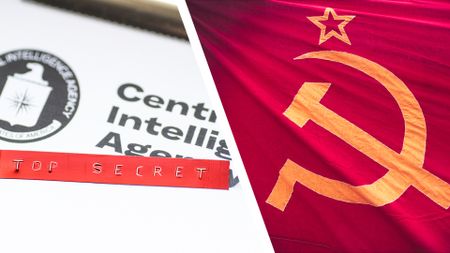 A CIA file in a split image with the Communist flag