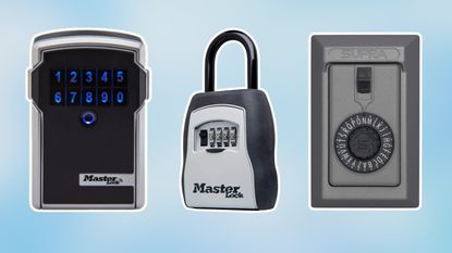 A trio of the best key lock boxes on a pastel blue background
