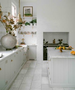 Greige kitchen with subway tiles