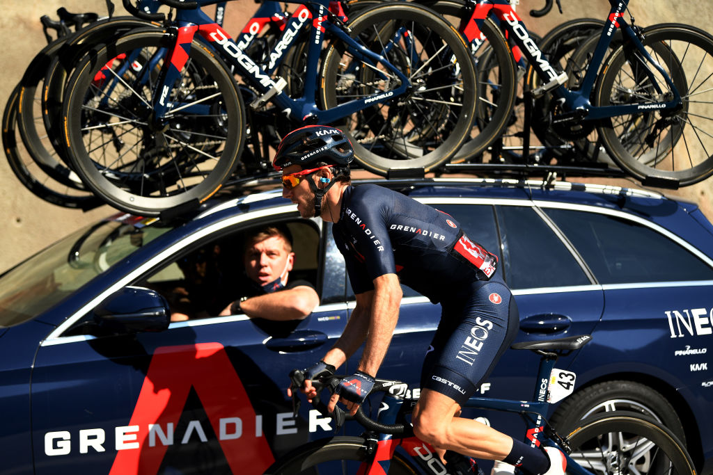 VALLTER 2000 SETCASES VALL CAMPRODON SPAIN MARCH 24 Adam Yates of United Kingdom and Team INEOS Grenadiers during the 100th Volta Ciclista a Catalunya 2021 Stage 3 a 2031km stage from Canal Olmpic de Catalunya to Vallter 2000 Setcases Vall Camprodon 2125m Car VoltaCatalunya100 on March 24 2021 in Vallter 2000 Setcases Vall Camprodon Spain Photo by David RamosGetty Images