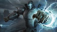 Magic the Gathering card art of Liberty Prime, Fallout's anticommunist robot, powering up a lightning punch.