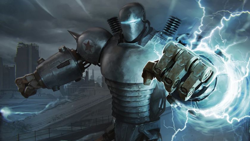 Magic the Gathering card art of Liberty Prime, Fallout's anticommunist robot, powering up a lightning punch.