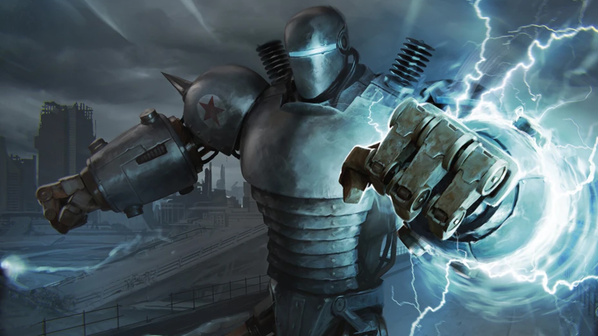 Magic the Gathering card art of Liberty Prime, Fallout's anticommunist robot, powering up a lightning punch.