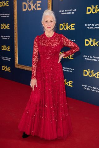 Helen Mirren wearing a red lace dress