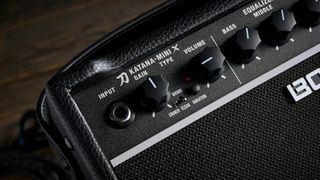 Close up of controls on a Boss Katana Mini X desktop guitar amp
