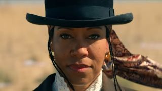 Trudy Smith (Regina King) staring down a train in The Harder They Fall