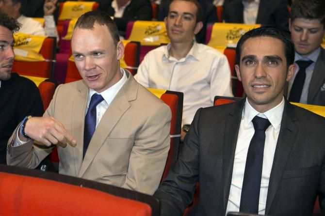 Tour de France champions Chris Froome and Alberto Contador at the presentation of the 2014 route