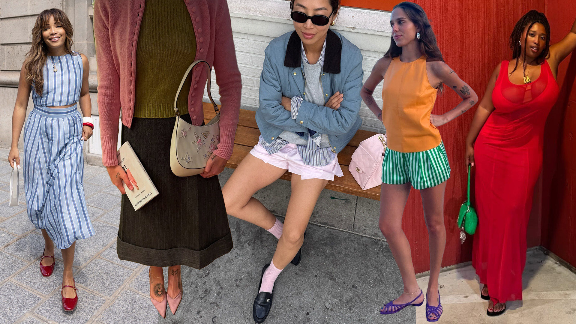 A collage of women wearing color-blocked summer outfits.