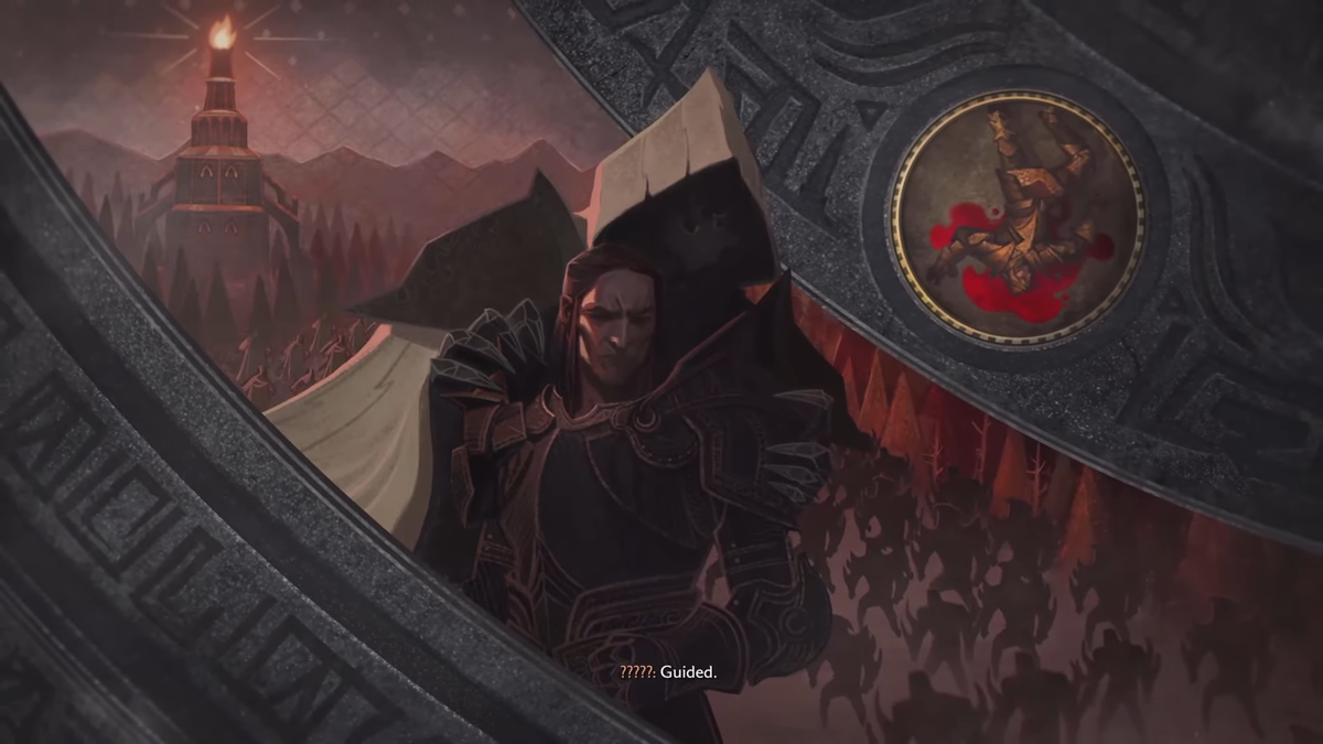 The Veilguard post-credits scene - Loghain at Ostagar with a hooded figure behind him and the caption "Guided"