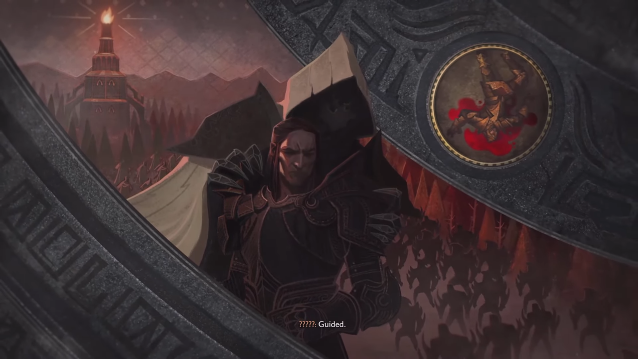 The Veilguard post-credits scene - Loghain at Ostagar with a hooded figure behind him and the caption "Guided"