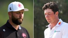 Jon Rahm (left) and Viktor Hovland (right) look down frustratedly during round two of the 2025 Dubai Desert Classic