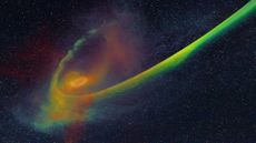 A screenshot of a simulation showing how a star is ripped apart by a black hole in a tidal disruption event.
