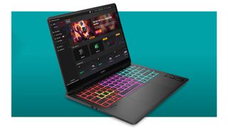 The HP Omen Transcend 14 gaming laptop on a teal background