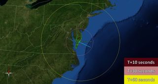 This NASA map shows the visibility range for the planned Jan. 29 launch of a sounding rocket designed to release glowing red vapor trails in the night sky as part of an atmospheric experiment.