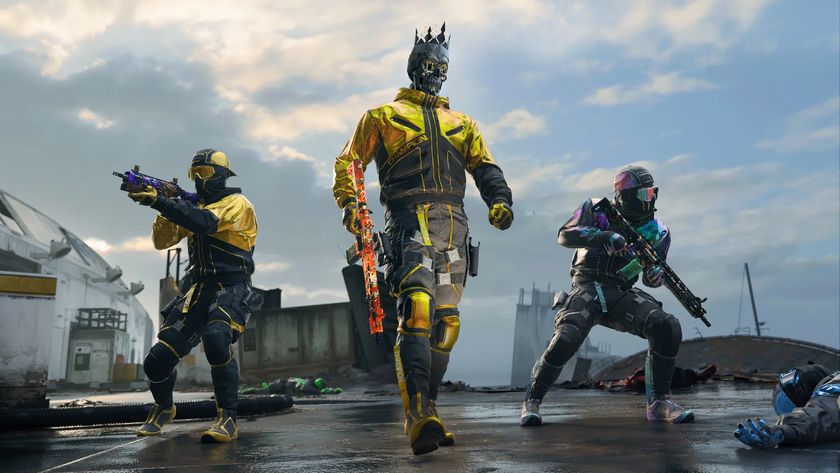 Three stylishly dressed soldiers show off their weapons in a warzone