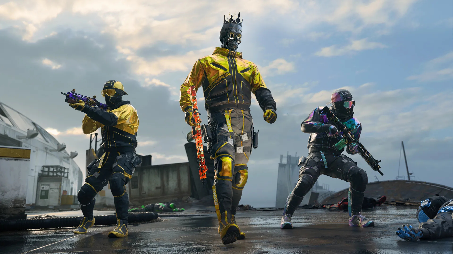 Three stylishly dressed soldiers show off their weapons in a warzone