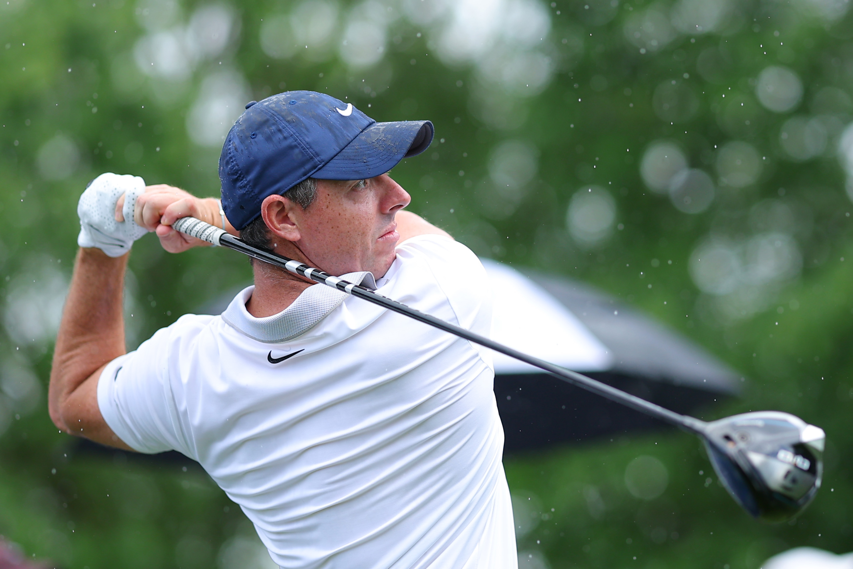 Rory McIlroy driving at the 2025 PGA Championship at Quail Hollow