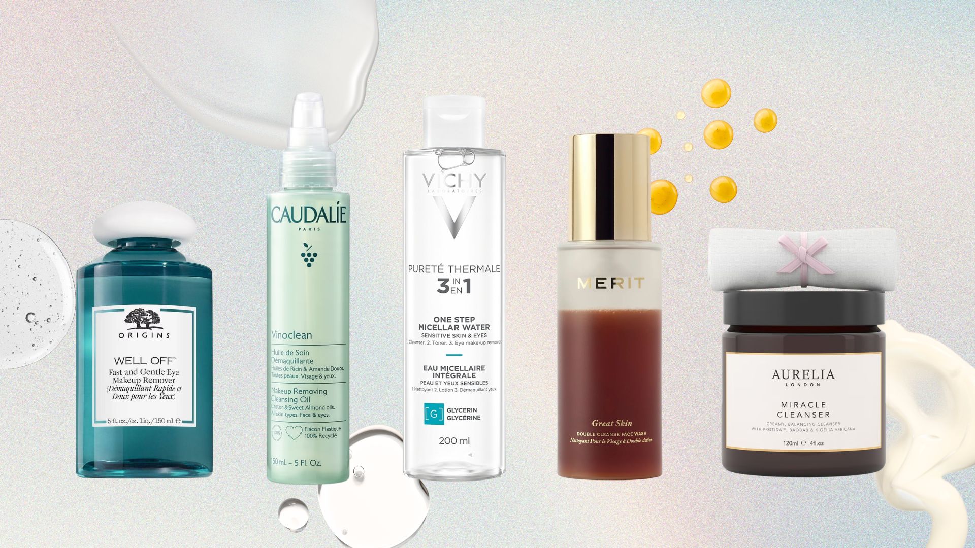 Origins, Caudalie, Vichy, Merit and Aurelia makeup removers on a pastel background with product swatches