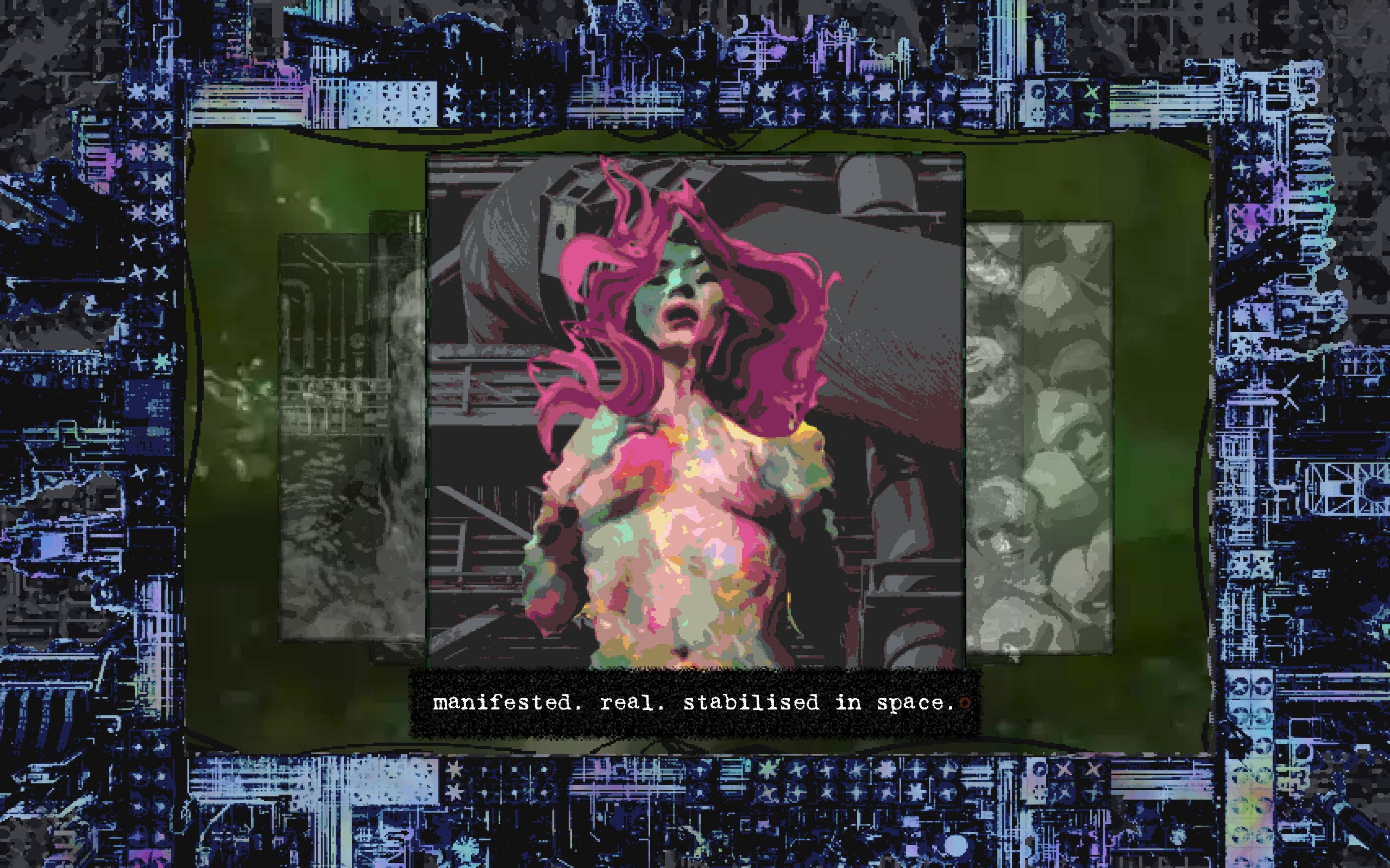 A woman with pink hair floats in a digital space