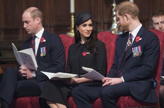 Prince Harry, Meghan Markle and Prince William attend an Anzac Day service at Westminster Abbey on April 25, 2018