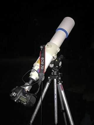 Imelda Joson and Edwin Aguirre use a custom-made, machined-aluminum adapter to attach their DSLR camera to the Takahashi FS-78 refractor. This is the setup they used to obtain many of the moon photos accompanying their article.