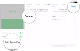 Tap Add Apple Pay, tap device name, tap Next
