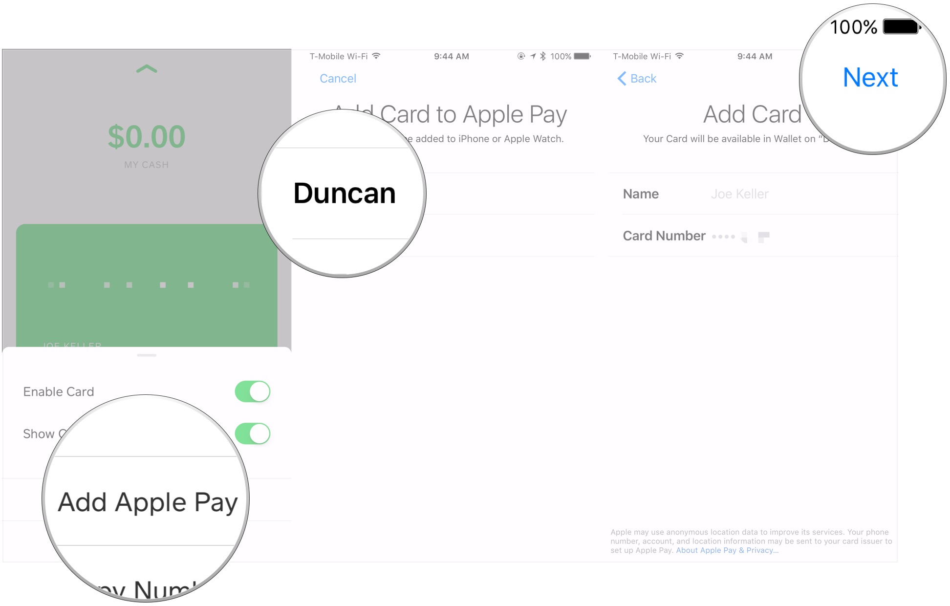 Коснитесь «Добавить Apple Pay», коснитесь имени устройства, коснитесь «Далее».