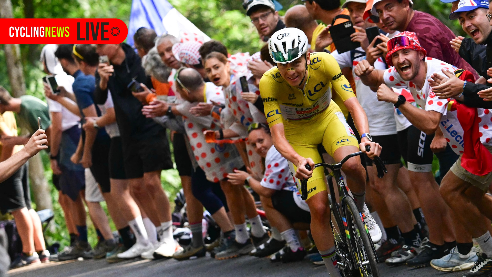 UAE Team Emirates - XRG's Slovenian rider Tadej Pogacar wearing the overall leader's yellow jersey attacks to take the lead in a lone breakaway in the final kilometers of the 14th stage of the 113th edition of the Tour de France cycling race, 155,3 km between Mulhouse and Le Markstein in the Vosges mountains, on July 18, 2026. (Photo by Bernard PAPON / POOL / AFP via Getty Images)