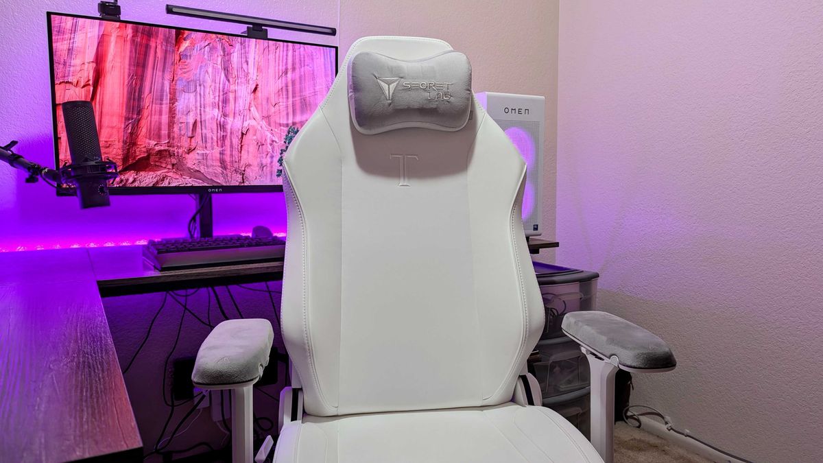 The Secretlab TITAN Evo NanoGen Edition&#039;s backrest and seat seen from almost straight on.