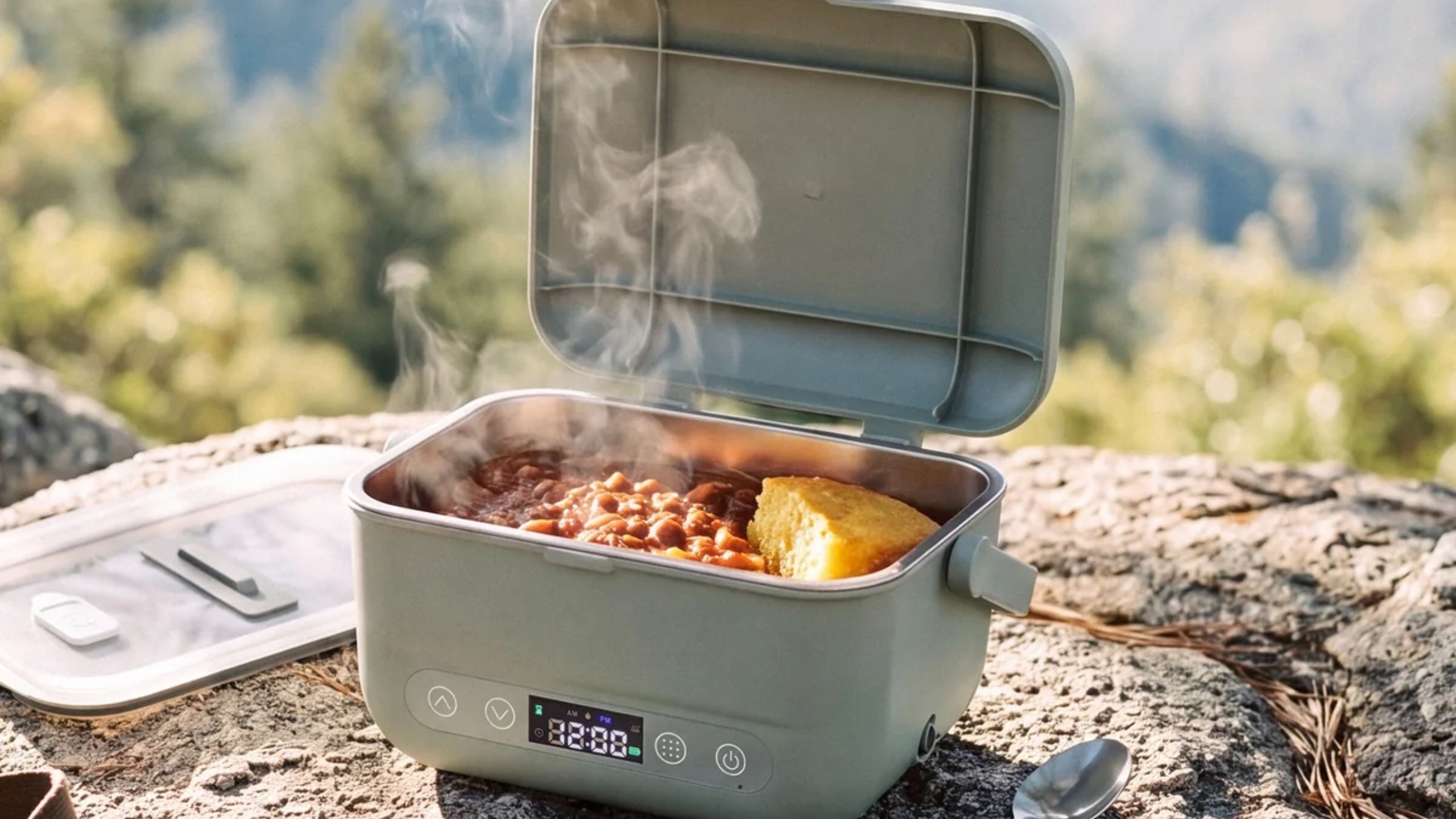 A sage green heated lunch box full of steaming food on a rock, against a background of blurry trees outside. 